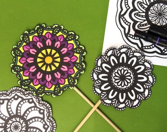 Flower Mandala Coloring Pages for Adults | Paper Flower Craft Template - Anti Stress Coloring Book -  PDF instant digital download