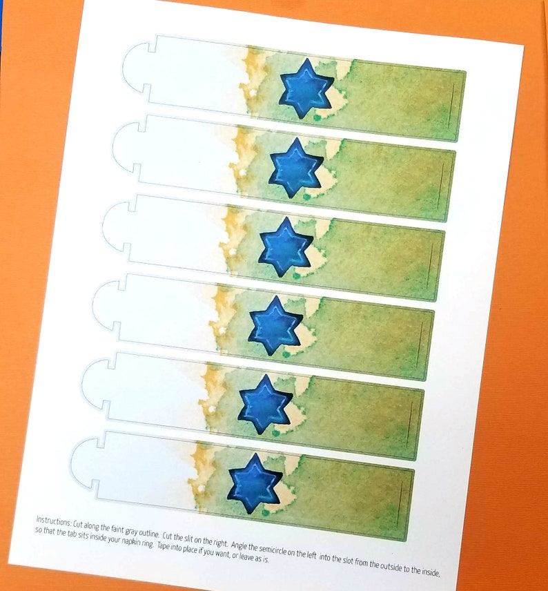 Star of David Napkin Rings for Hanukkah or Bar Bat Mitzvah Printable Chanukah Table Decor with watercolor art Judaica Paper Napkin Wraps image 3