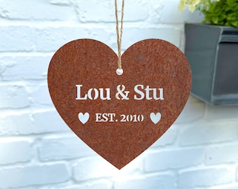 Personalised Valentines/Anniversary Steel Heart Gift, Hanging Decoration, Rusty Steel