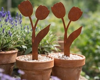 Rustic Metal Tulips Garden Stake, Laser cut Rustic Steel