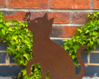 Rusty Steel Cat Garden Decoration: Laser-Cut Metal Art