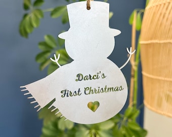 Personalized Steel Snowman, First Christmas Decoration, Rustic Ornament
