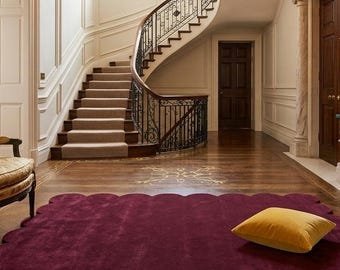 Hand Tufted Wool Rug, Burgundy Scalloped Edge, Natural Dyes, Artisanal Carpet