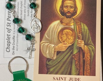 St. Jude Devotional Gift Set – Emerald Chaplet, Shrine Keychain, Prayer Card