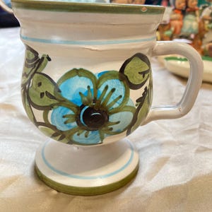 Vintage Hand-Painted Italian Mug| Blue Floral Footed Ceramic Cup | Signed “Italy”    | Rustic Tuscan Pottery