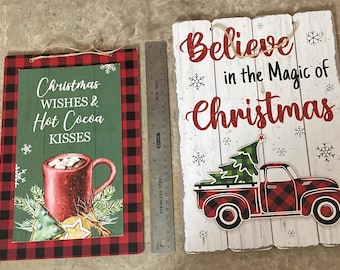 Set of 2 Rustic Christmas Wall Signs – Buffalo Plaid, Hot Cocoa & Red Truck Decor
