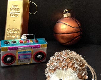 Whimsical Christmas Ornament Set - Basketball, Gold Bar, Boombox, Glitter Hedgehog
