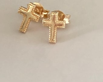 18K Solid Gold Cross Stud Earrings | Petite Cross Earrings | 750 Yellow Gold