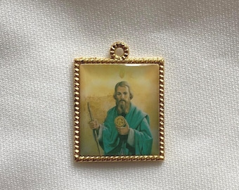 St. Jude Medal Pendant | Square Catholic Charm | Patron Saint of Impossible Causes | Gold Tone Religious Pendant