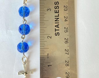 Blue Soft Faceted 3 Hail Mary Zipper Pull: Cruxifix Pendant