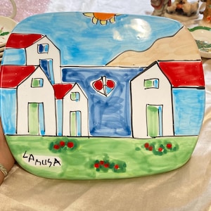 Vintage Art Plate Hand-Painted Italian Ceramic Platter by Lamusa. Dish IS Italy.  Colorful Village Scene