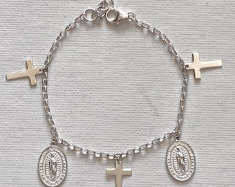 Sterling Silver Our Lady of Guadalupe Bracelet | Catholic Cross Marian Devotional Jewelry 7"