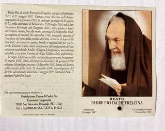 Oración italiana, reliquia de tercera clase de San Padre Pío en estampa de oración.