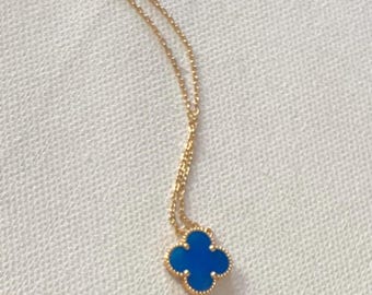 18K Solid Gold Blue Agate Clover Necklace, Minimalist Pendant, 18 Inches