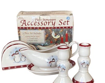 Set of 5 Royal Seasons Stoneware Christmas  Accessory Set – Snowman Theme