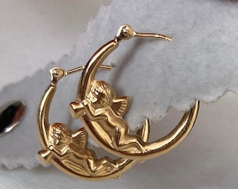 14K Solid Gold Angel Hoop Earrings | Cherub Design | 0.75” Diameter | Lightweight 1.20g | Real Gold