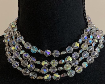 Vintage Marvella 4-Tier AB Crystal Necklace | Aurora Borealis Glass Beads | Multi Strand Statement | Vintage Hook-and-Eye Closure | Bridal