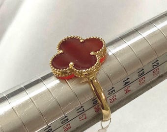 18K Solid Gold Red Agate Clover Ring | Dubai Gold Jewelry Size 7.5