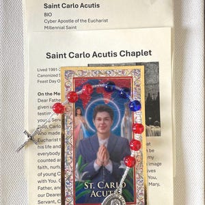 Könnte beinhalten: Ein Rosenkranz mit roten und blauen Perlen, mit einem Foto von Saint Carlo Acutis. Der Rosenkranz befindet sich auf einer Karte mit Text über Saint Carlo Acutis, darunter "Cyber-Apostel der Eucharistie" und "Millennial Saint."