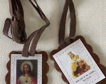 Our Lady of Mt. Carmel Brown Scapular | Sacred Heart & Carmel Devotional | Catholic Wearable Sacramental | Felt Scapular Necklace