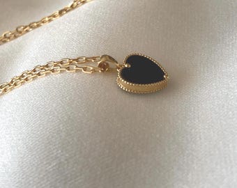 18K Solid Gold Black Onyx Heart Necklace, 16 Inch Choker, Minimalist Pendant