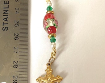 Zipper Pull • Red Rose Lampwork Bead • Gold-Tone Crucifix • Handmade Devotional
