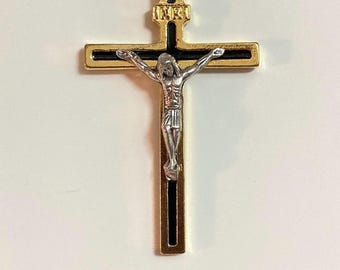Two-Tone Crucifix Pendant  2.25” | Black Inlay Cross | Silver-Tone Corpus | Optional 30” Gold-Plated Chain