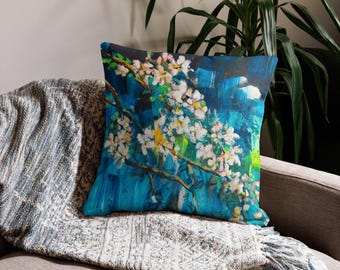 Mediterranean Art Throw Pillow | Almond Blossom Painting Cushion | Teal Boho Home Decor | Spring Floral Pillow Gift