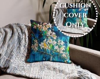 Fodera per cuscino con motivo floreale mediterraneo (solo fodera) / Fodera per cuscino con fiori di mandorlo / Decorazione per la casa in stile boho color verde acqua / Regalo floreale primaverile
