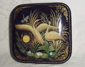 Russian small Lacquer box Hand Painted Palekh " Cranes " miniature