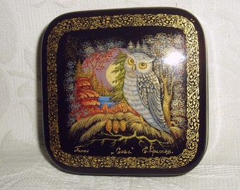 Russian small Lacquer box Palekh " Owl " miniature Hand Painted