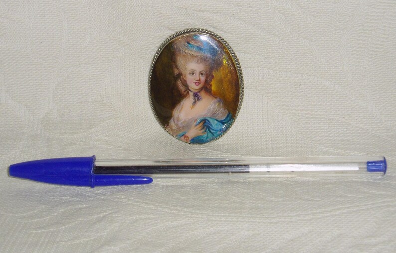 Beautiful Lacquer brooch Mother of pearl Portrait of Lady in blue Hand Painted Pin