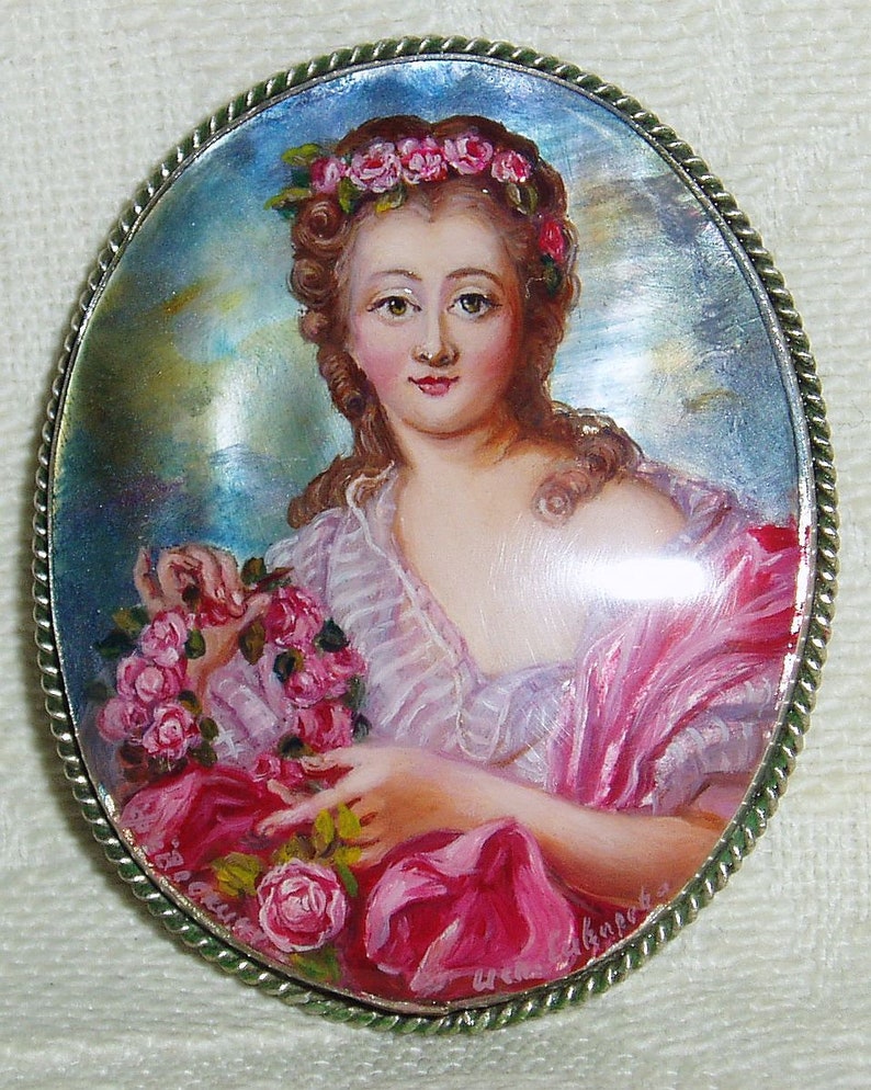 Lacquer brooch Mother of pearl Madame Du Barry as Flora Etsy