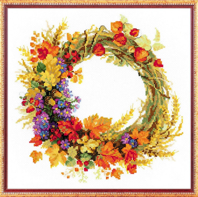 NEW UNOPENED Russian Counted Cross Stitch KIT Riolis 1537 Wreath with Wheat