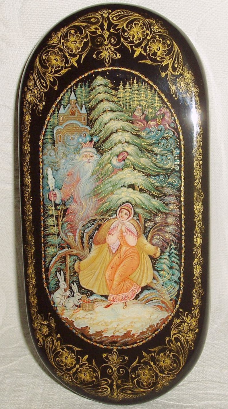 Russian Lacquer box Palekh Father Frost & Snow Maiden miniature Hand Painted Winter Forest