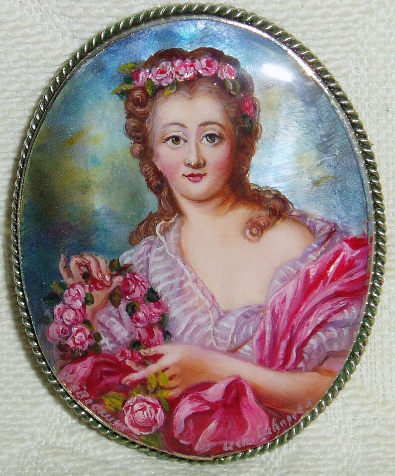 Lacquer brooch Mother of pearl Madame Du Barry as Flora Etsy