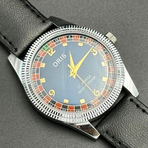 Rare Vintage ORIS Casino Navy Blue Dial Mechanical Hand Winding FHF Movement ST-96 Swiss Made Wrist watch~ Christmas Sale