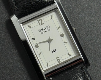 Vintage Seiko Tank Slim Quartz Watch White Dial Japan  Black Leather Strap