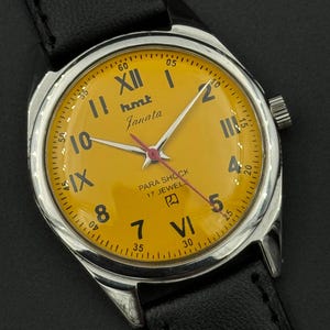 Vinatge hmt Janata Mechanical Manual Winding Yellow Dial Roman Numerals 17Jewels Mens Wrist Watch~ Christmas Sale