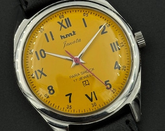 Vintage HMT Janata Mechanical Watch Yellow Dial Roman Numerals  17 Jewels
