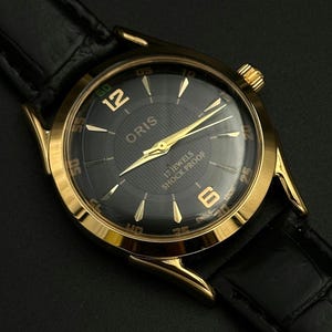 Rare Vintage ORIS Black Dial Case colour Gold Mechanical Hand Winding FHF Movement ST-96 Swiss Made Wrist watch~ Christmas Sale