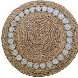 Handmade Round Jute Rug – Natural & White Beauty (3x3 ft)