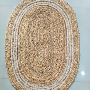 Handmade Oval Jute Rug 2x3 ft – Natural & White Braided Carpet | Rustic Farmhouse Decor | Eco-Friendly Area Rug