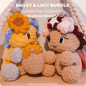 May include: Two plush crochet critters, Bailey and Lucy, from the Cuddle Bug Collection. The yellow critter wears a sunflower and holds a honey pot. The tan critter wears a flower crown. Text reads: BAILEY & LUCY BUNDLE, Cuddle Bug Collection, Beginner-friendly!, Kim's Crochet Critters.