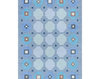 Scandinavian Modern Blue Grey Wool Rug 8x10 ft Reversible Flatweave Swedish Rug