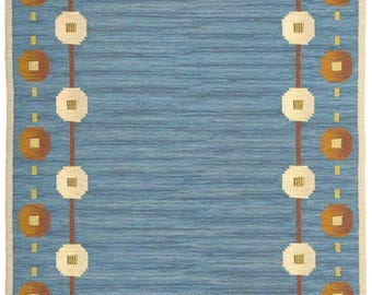 Handwoven Scandinavian Modern Blue Wool Rug 8x10 ft Reversible Flatweave Swedish Rug