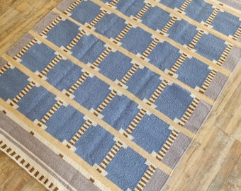 Tappeto Kilim in lana blu / Tappeto scandinavo moderno svedese 8 x 10 piedi / Cotone e lana a tessitura piatta fatti a mano / Decorazione di ispirazione vintage