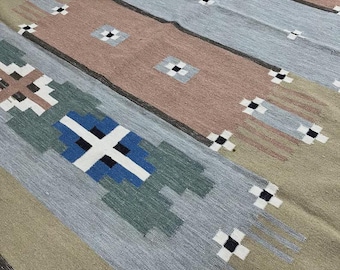 Handwoven Wool Kilim Rug: Scandinavian Modern Geometric Area Rug (8x10 feet)