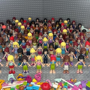 May include: A collection of Lego Friends mini-doll figures, each with unique hairstyles and outfits. The figures are arranged on a gray base, with various accessories scattered at the bottom, including a surfboard and a red ball.