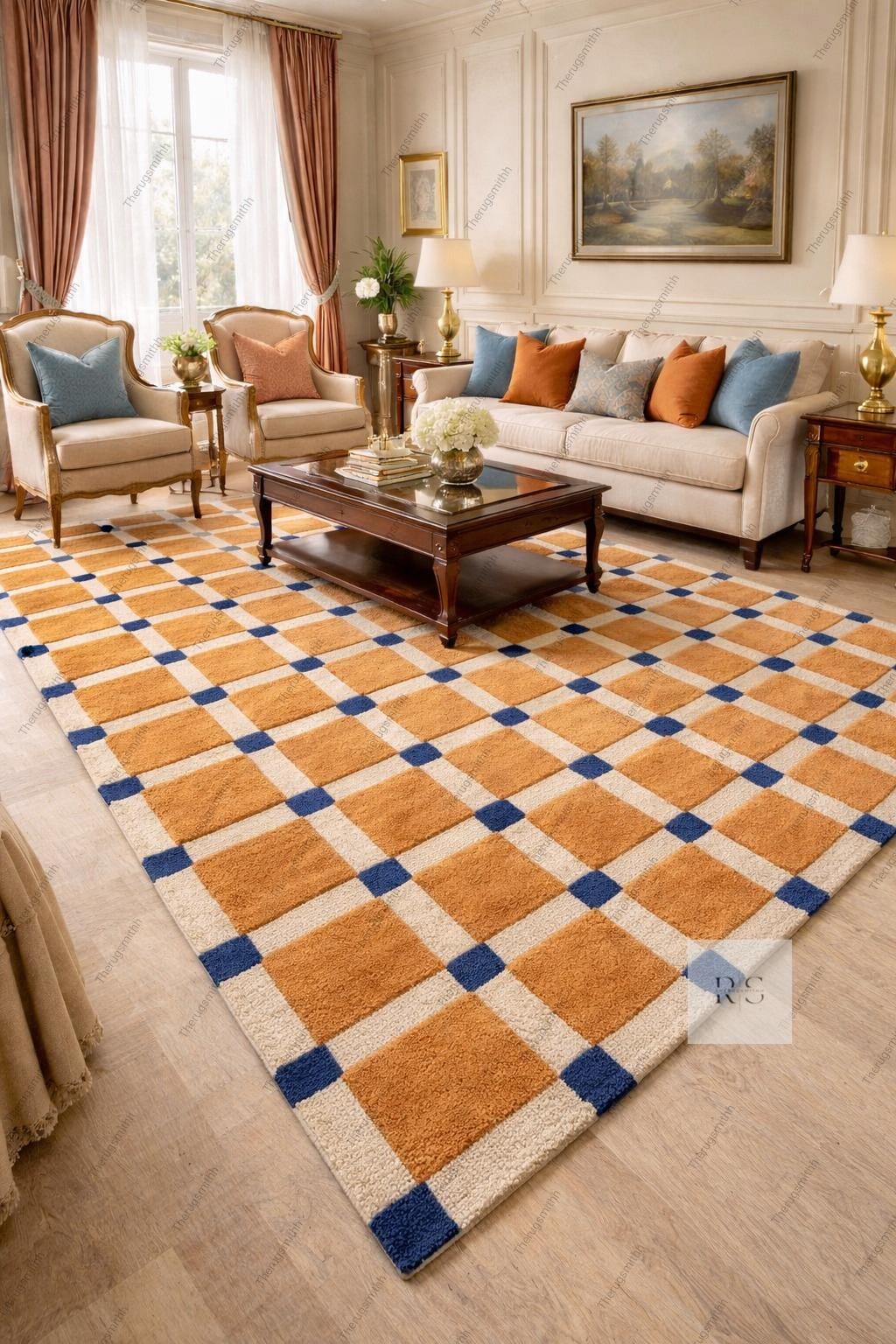 Tapis oushak vert olive, tapis en laine noué à la main